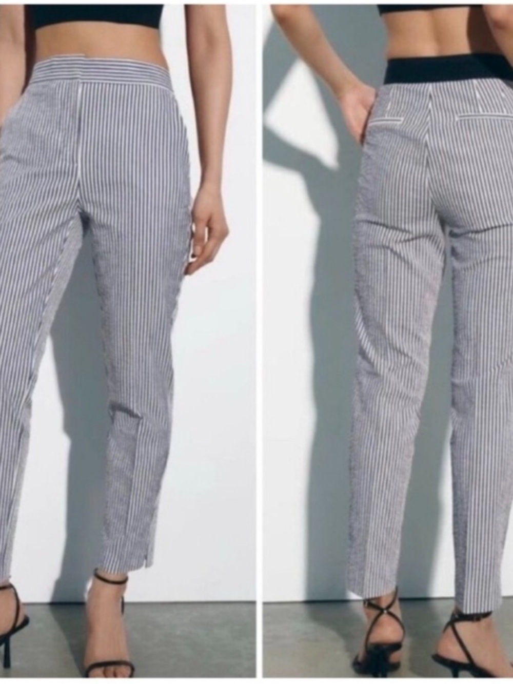 Zara Striped Slim Ankle Pants - Navy/White